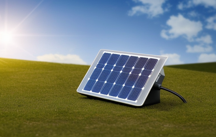 Sunny landscape with a high-tech solar panel absorbing sunlight, connected to a sleek, modern MPPT solar charge controller glowing with efficiency