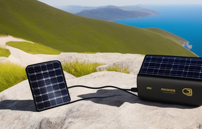 Ay of top-rated portable solar chargers in various shapes, sizes and colors, bathed in bright sunlight with a scenic, outdoor adventure backdrop